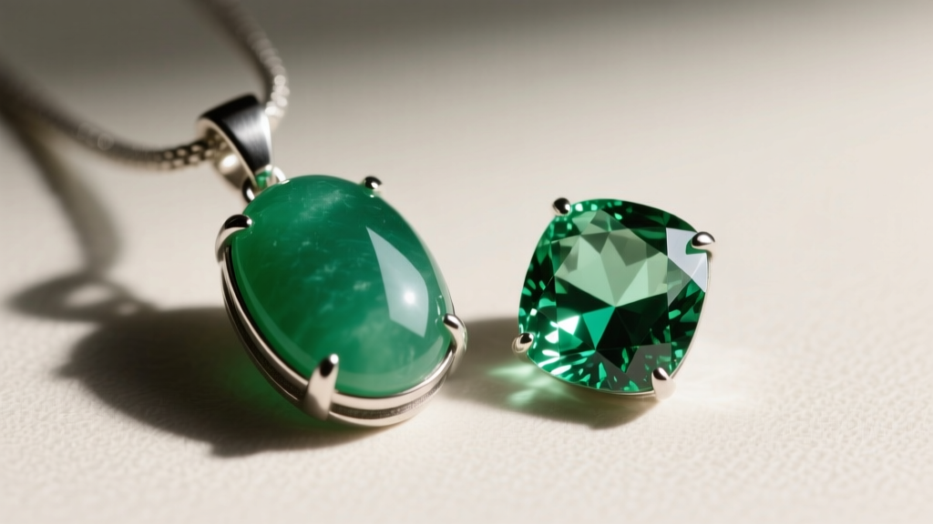 Macro photography comparing a smooth prehnite cabochon pendant with a faceted prehnite gemstone, both set in matte recycled silver.