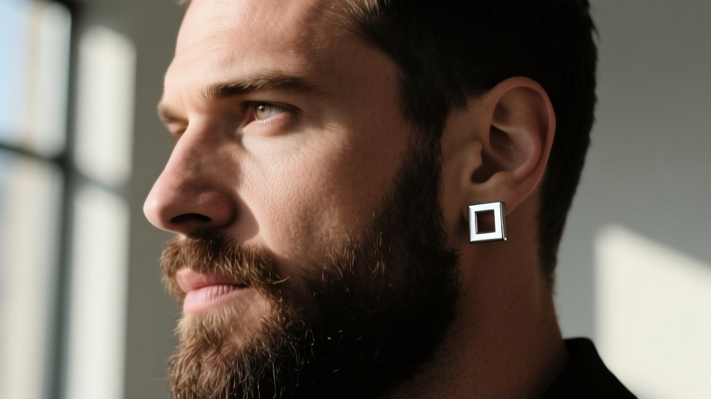 Profile of a bearded man with a strong jaw wearing a 4mm silver square hoop earring, natural daylight, cinematic depth of field.