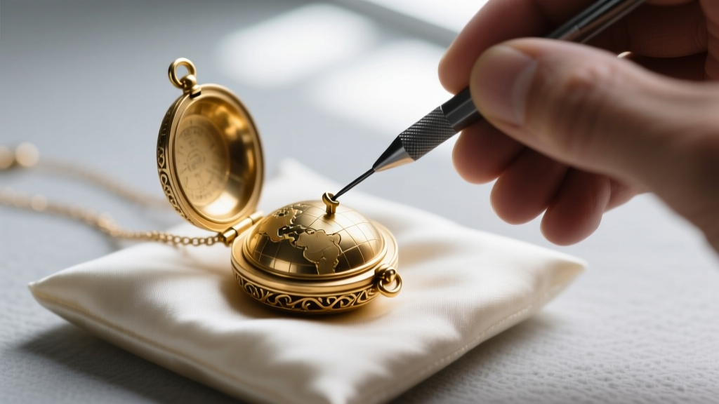Close-up of a jeweler using a fine needle to apply graphite to the tiny brass hinge pin of a vintage gold globe locket necklace