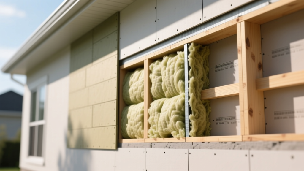 Cross-section diagram of a residential wall cavity showing rigid mineral wool insulation preventing thermal bridging