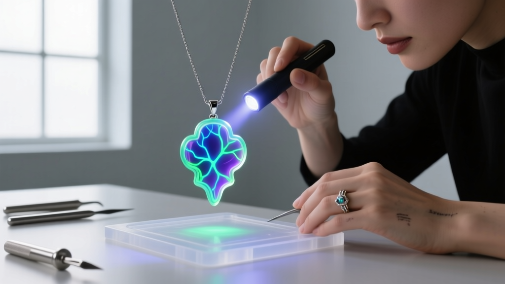 Jeweler using a 365nm UV flashlight to charge a custom cast UV-resin glow dark necklace pendant clamped on a silicone mold mat