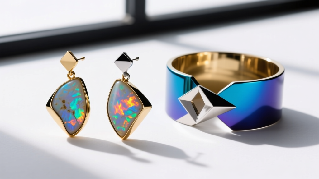Flat lay of avant-garde unique earrings featuring asymmetrical raw opals, anodized titanium ear cuffs, and mixed metals