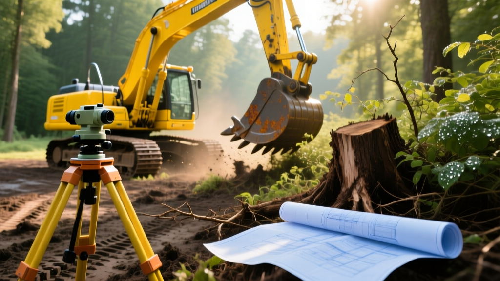 Yellow excavator clearing thick brush and tree stumps from a wooded lot, with surveyor tripod and blueprints in foreground