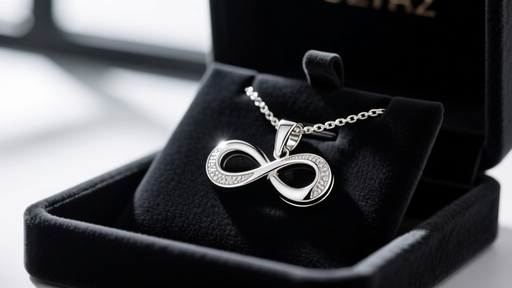 Macro shot of a rhodium-plated 925 sterling silver infinity and cross pendant resting on a dark velvet jewelry display tray