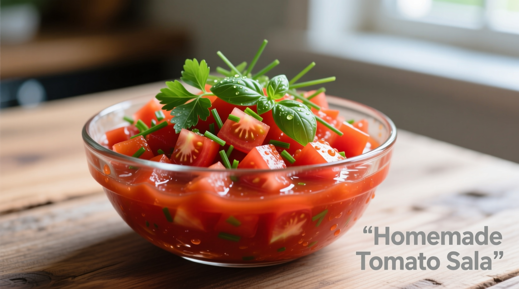 Diced tomato sauce in glass bowl with fresh herbs