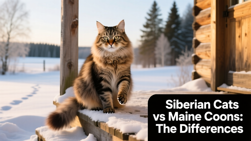 Siberian cat sitting confidently on a snowy wooden porch, showcasing its thick fur and expressive eyes