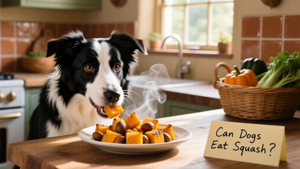 Border Collie eating soft, roasted acorn squash cubes