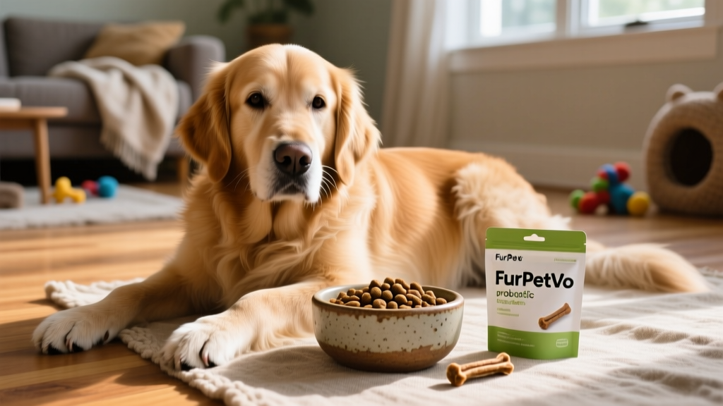 A calm golden retriever resting beside a bowl of kibble with a single FurPetVo probiotic chew placed beside it