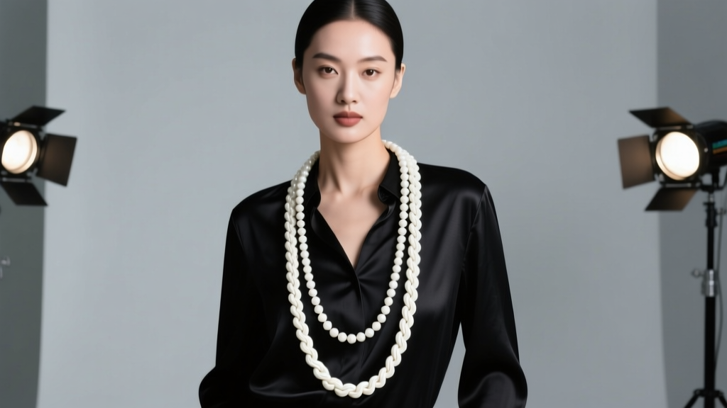 Woman wearing a knotted 48-inch white beaded necklace long rope over a black silk blouse, double looped, studio portrait lighting.
