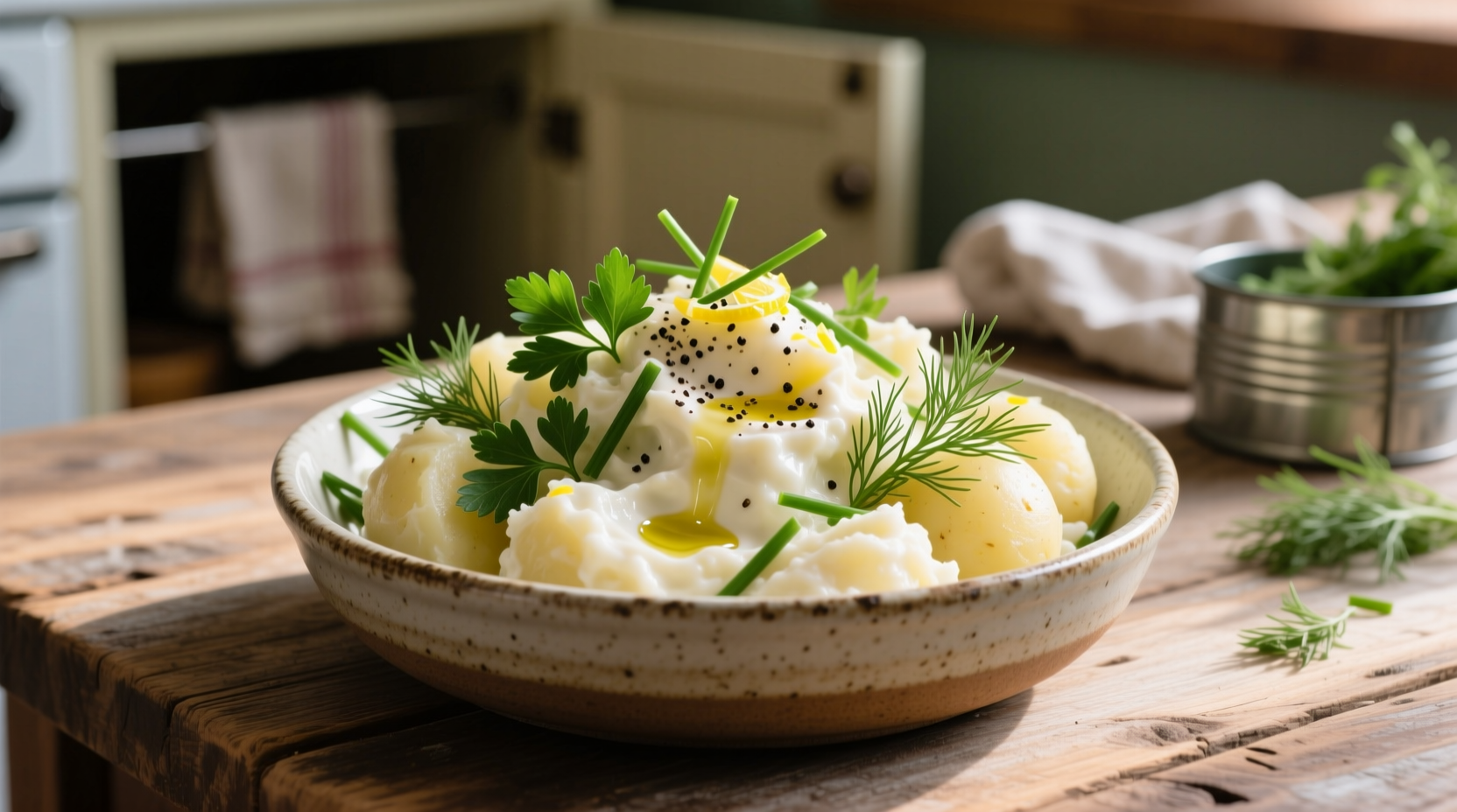 Creamy mashed potato salad in serving bowl with fresh herbs