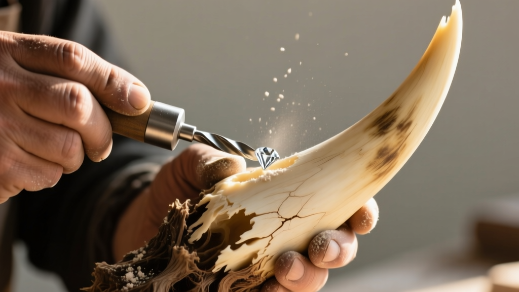 Artisan hands using a diamond burr to carefully drill a mounting hole into the root of a large, naturally shed wild boar tusk