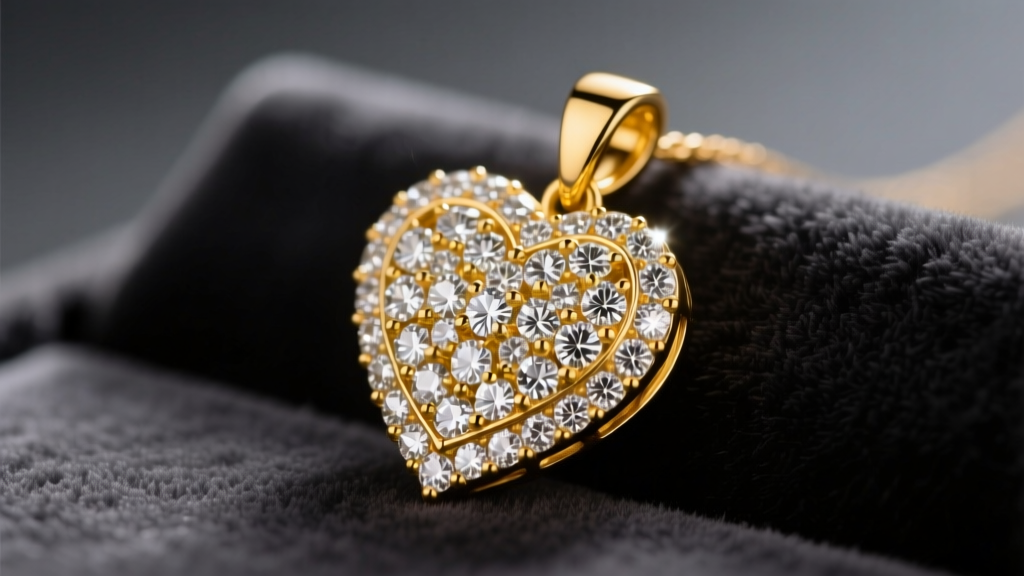Macro shot of an 18k yellow gold heart pendant encrusted with pavé diamonds, resting on dark velvet under warm studio lighting