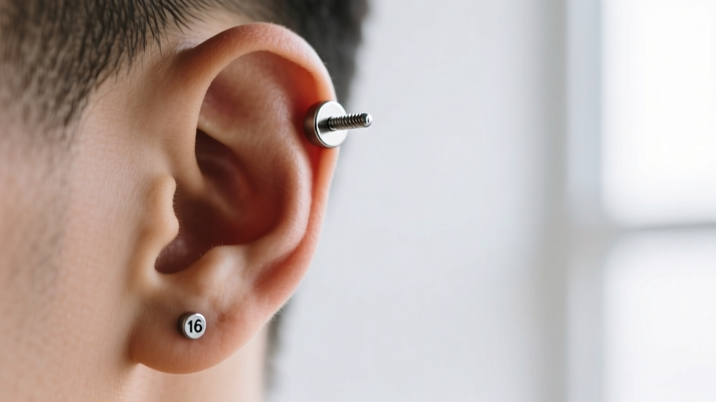 Side profile of an ear showing a 16-gauge helix cartilage piercing secured with a threaded titanium flat-back labret stud.