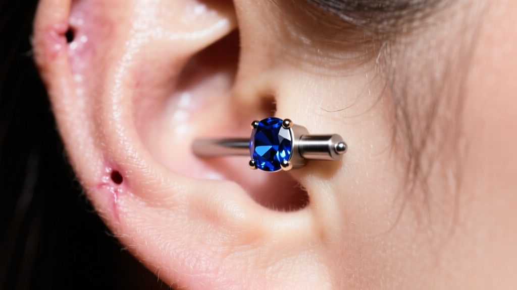 Side profile of a 16-gauge titanium flat-back labret stud with a bezel-set sapphire, worn in a healed helix cartilage piercing.