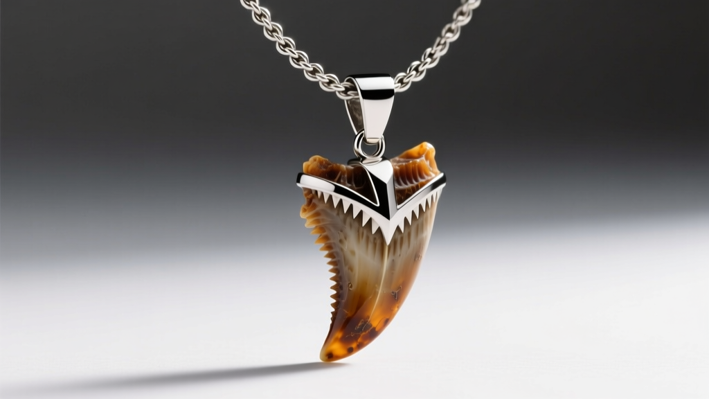 Heavy fossilized shark tooth pendant on a thick 3mm stainless steel wheat chain, highlighting the structural titanium bail