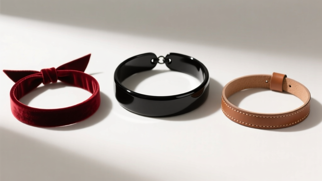 Flat lay comparing a black plastic stretch tattoo choker, a dark crimson velvet ribbon choker, and a modern minimalist leather band