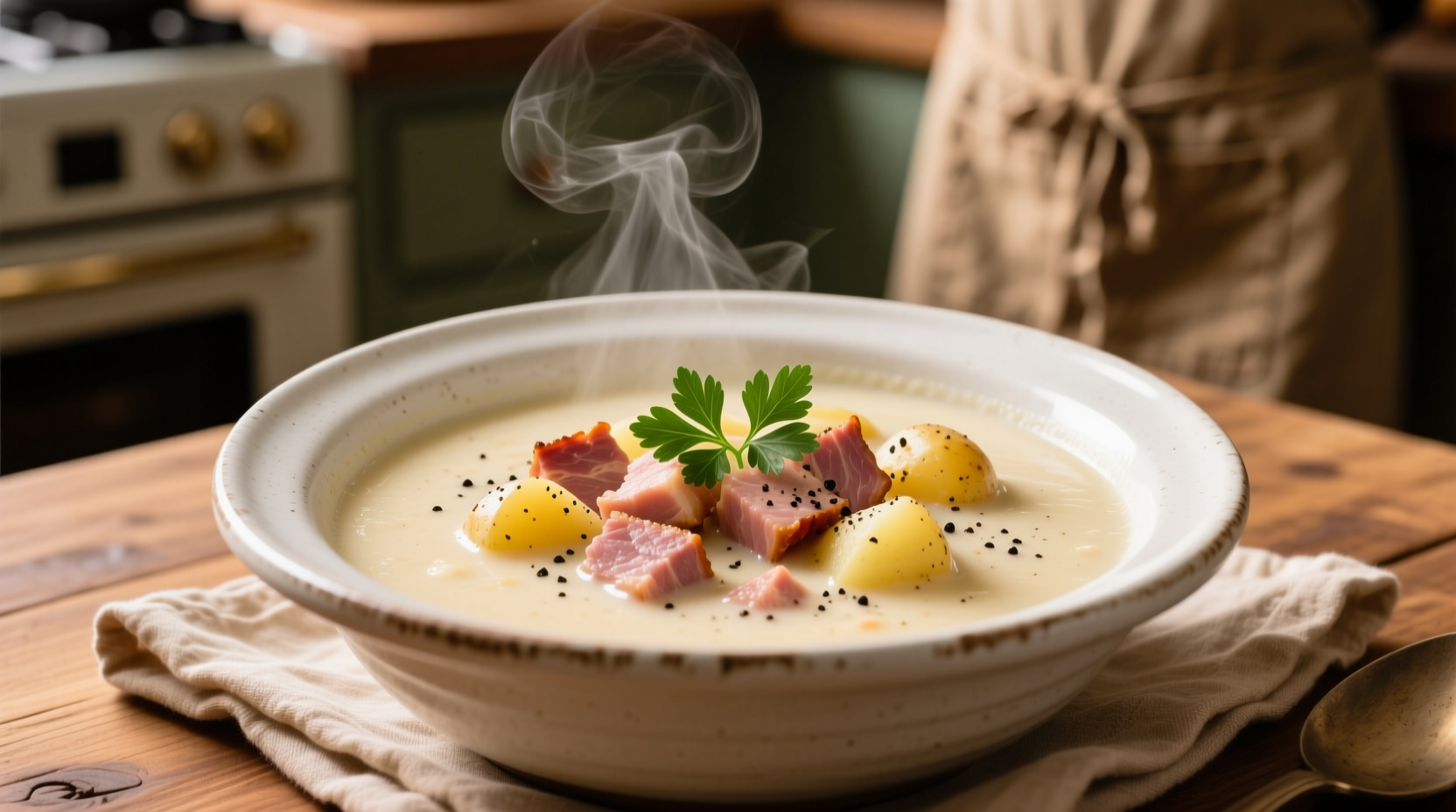 Creamy crock pot ham and potato soup in white bowl