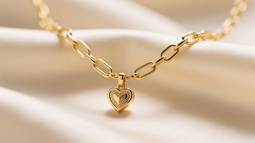 Macro shot of a delicate 14k gold paperclip chain necklace with a tiny heart pendant on cream silk, shot in bright macro detail.