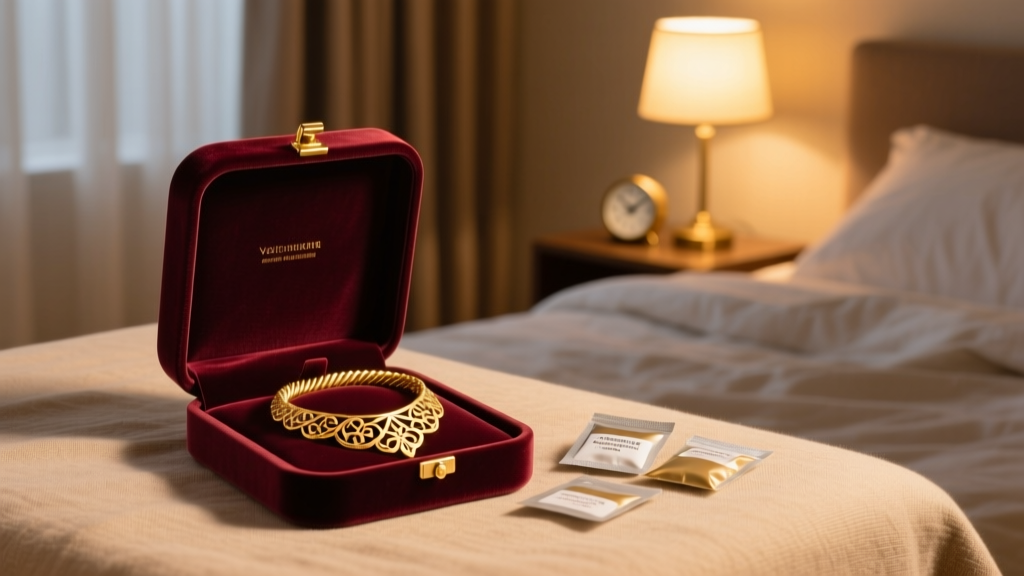 Open velvet box with a coiled gold necklace, anti-tarnish strips, and silica packets, lit by warm, cozy ambient bedroom light.