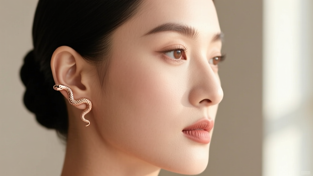 Profile of a woman wearing a 14k rose gold snake stud on her lobe, styled with a neat updo and lit by soft natural window light.