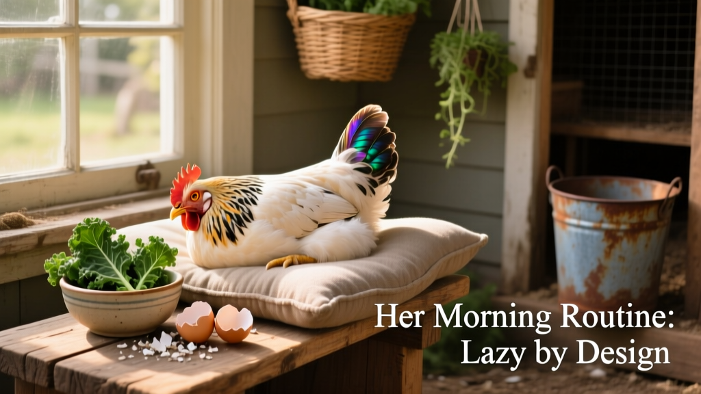 Princess Alice napping comfortably on a soft cushioned perch beside a small bowl of fresh greens and crushed eggshells