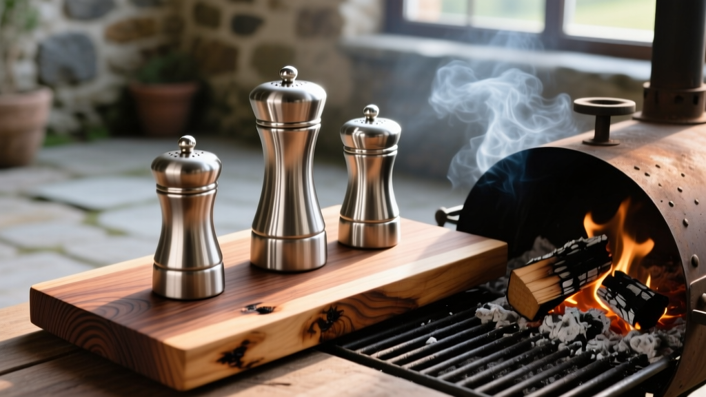 Close-up of weather-resistant stainless steel spice shakers arranged on a cedar grilling plank next to a charcoal smoker.