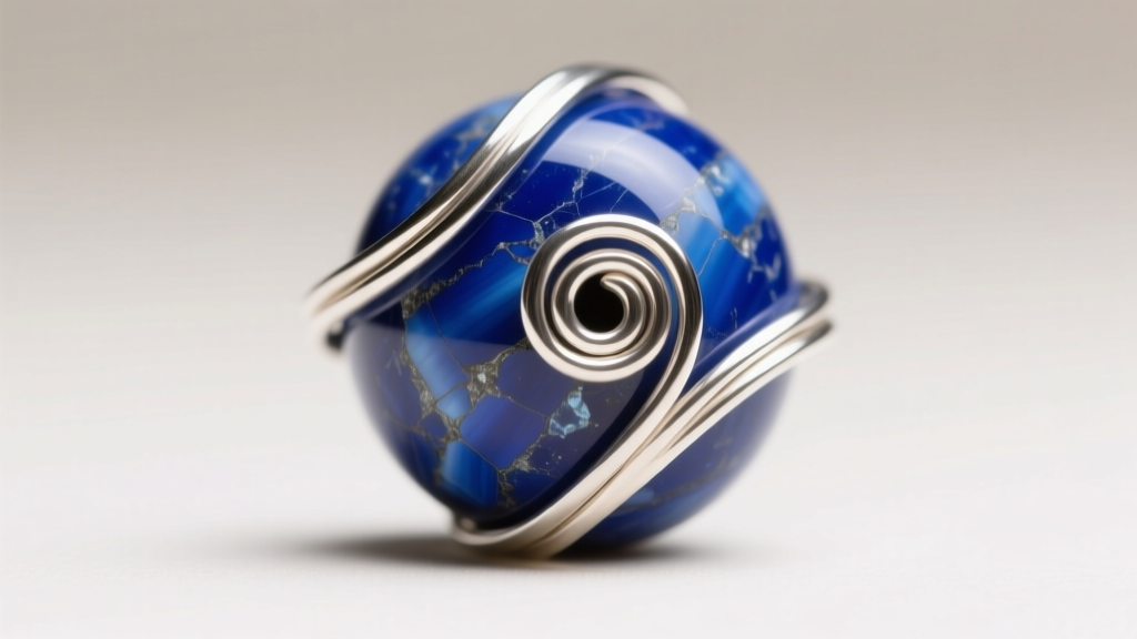 Macro shot of a wire-wrapped Earth bead of blue lapis, highlighting a 24-gauge silver wire wrap technique in soft studio lighting