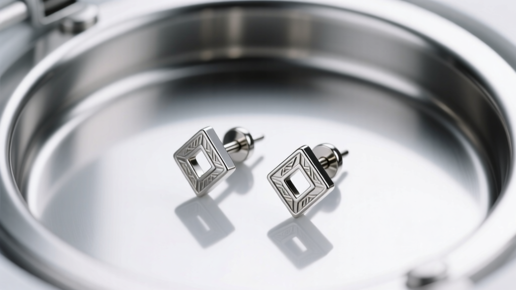 Macro shot of titanium labret earrings in a steel autoclave cassette under bright clinical lighting on a clean white surface