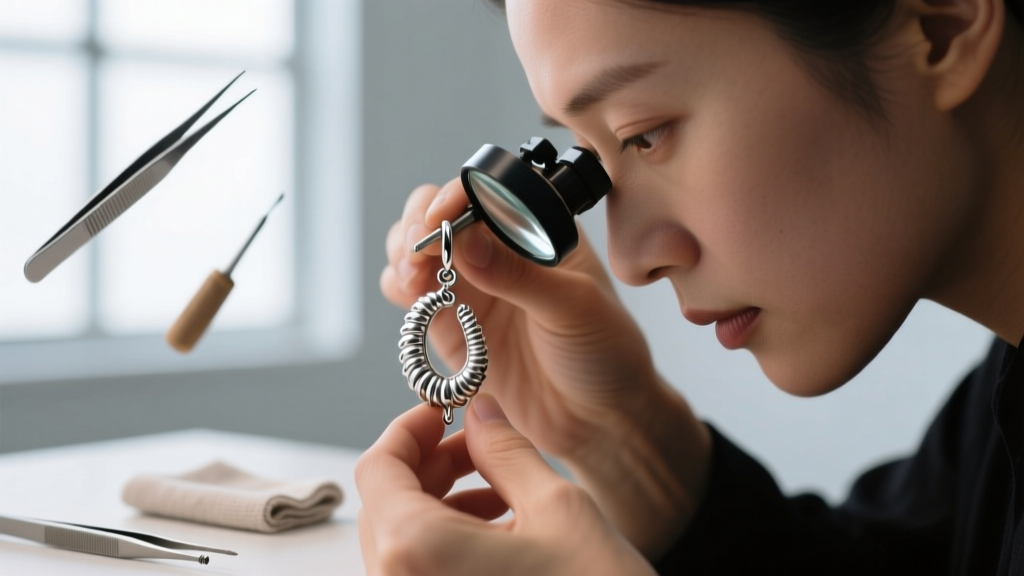 Jeweler inspecting micro-hinges of a sterling silver worm drop earring with a loupe, specialized tools in the blurred background