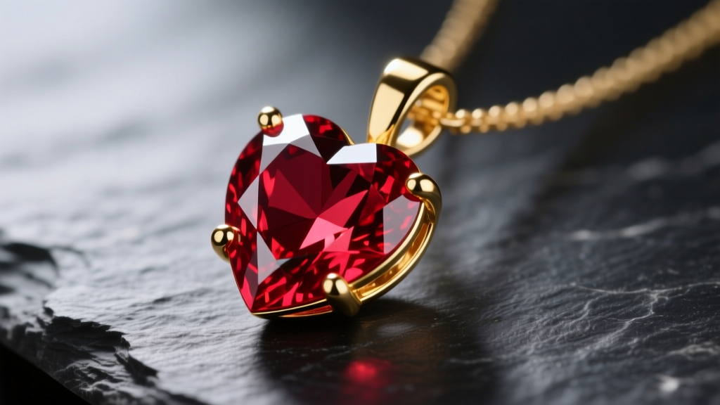 Macro photography of a pigeon blood red ruby heart pendant set in 18k yellow gold with a four-prong setting, resting on dark slate