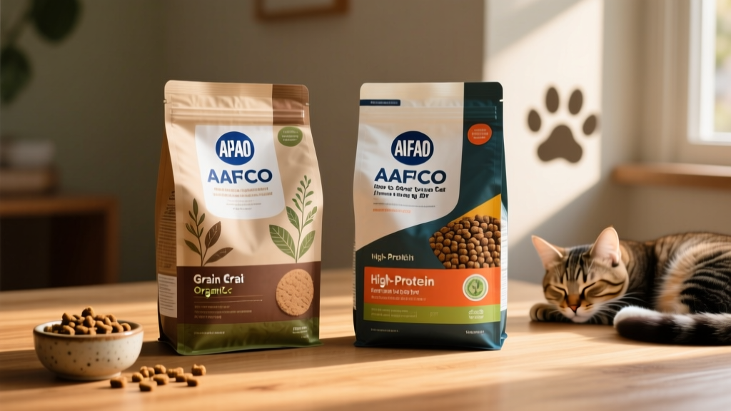 Side-by-side comparison of two high-quality cat food bags with AAFCO certification labels clearly visible