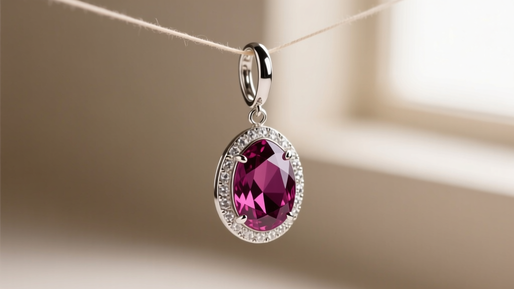Side profile of a bezel-set rhodolite drop earring in platinum, showing purplish-red pavilion facets catching soft natural light.