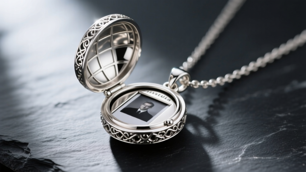 Macro shot of an open sterling silver globe pendant necklace revealing a hidden photo compartment, resting on a dark slate surface