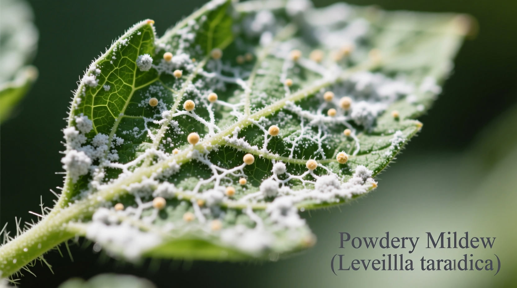 Close-up of powdery mildew on tomato leaf