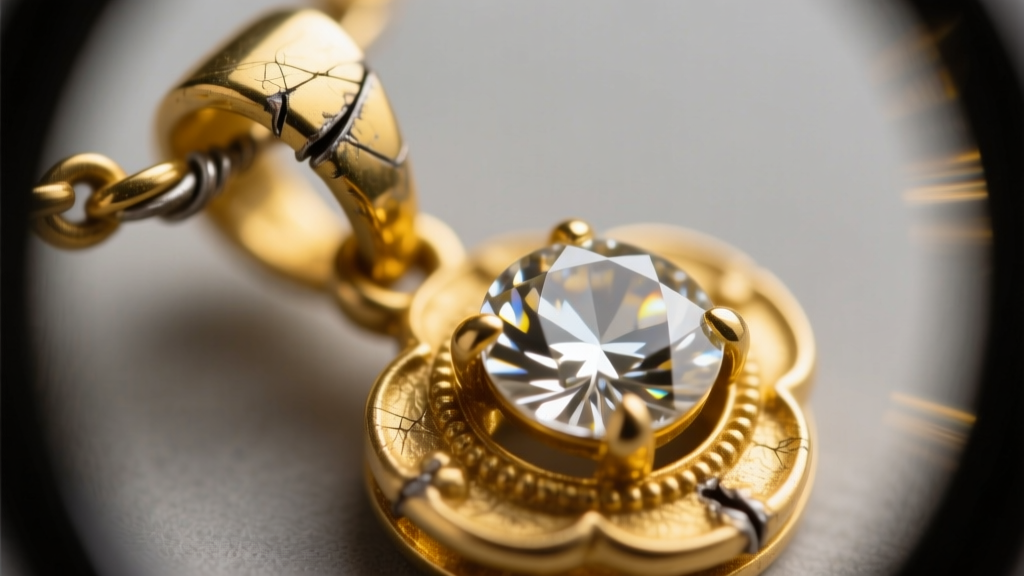 Loupe view of a worn prong and repaired soldered bail on a yellow gold Victorian era vintage diamond pendant necklace setting