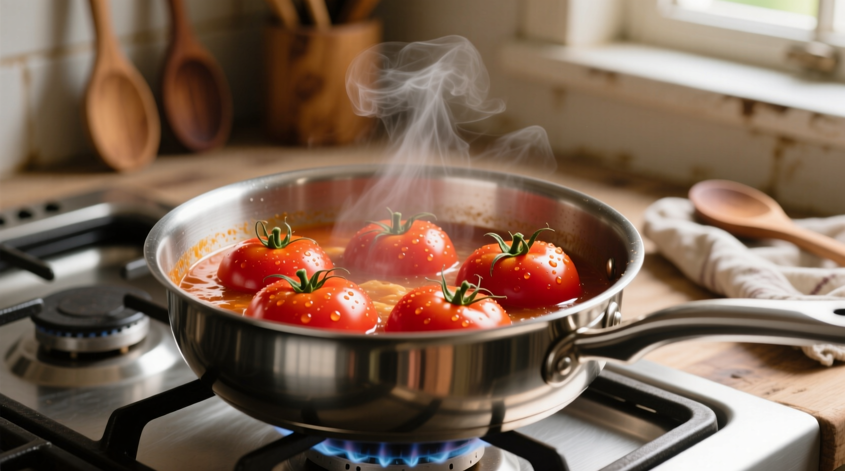 Fresh tomatoes simmering in a saucepan