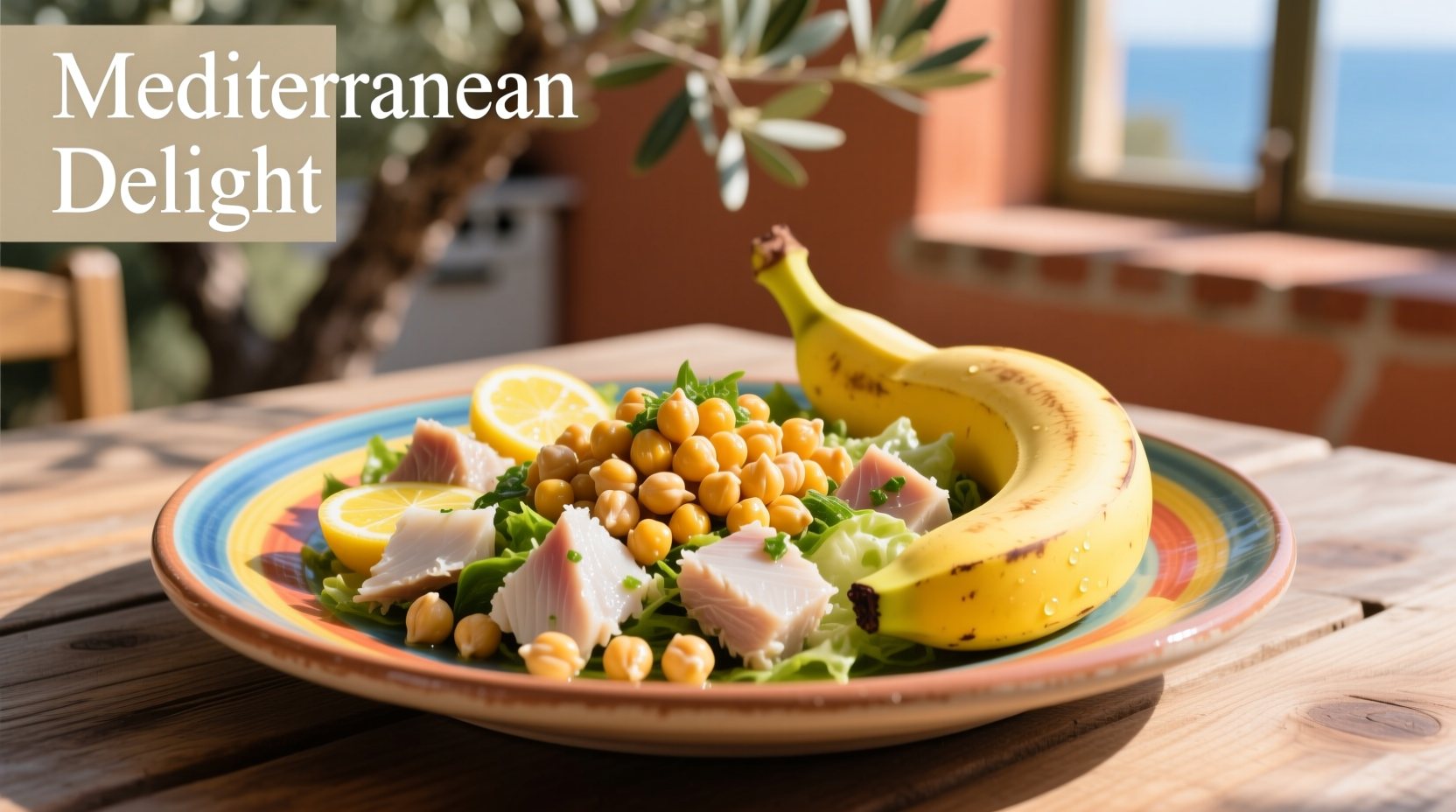 Colorful plate with chickpeas, tuna, and bananas