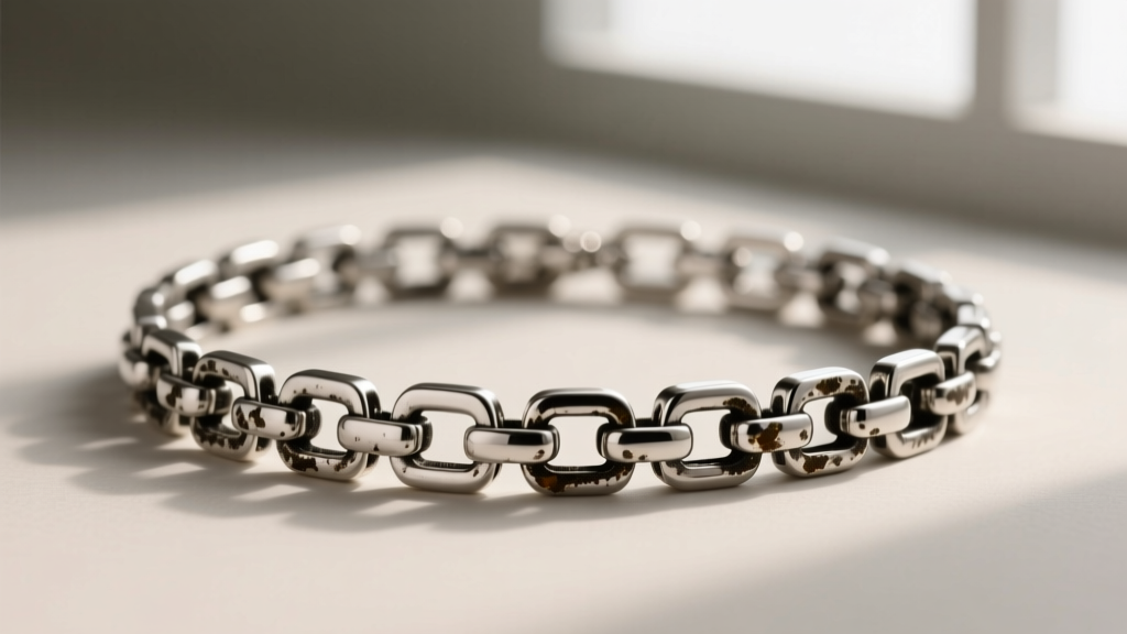 Close-up of a sterling silver box chain necklace showing dark sulfide tarnish in the crevices of interlocking square links
