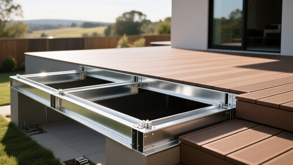 Galvanized steel deck framing joists and tracks assembled beneath composite decking boards on a modern residential backyard patio.