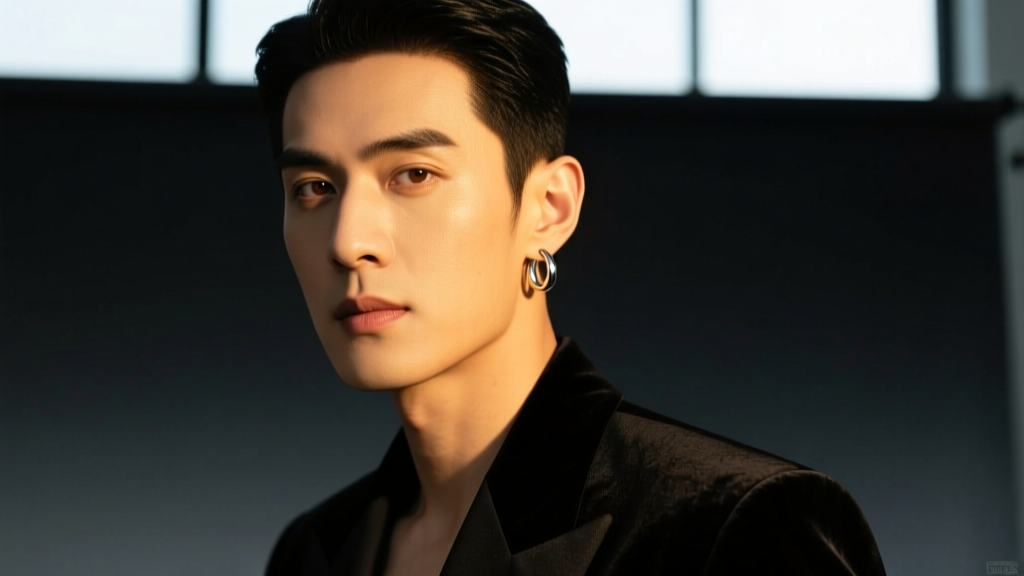 Stylish man wearing a 12mm silver hoop earring in his left lobe, looking confidently at the camera against a moody studio backdrop