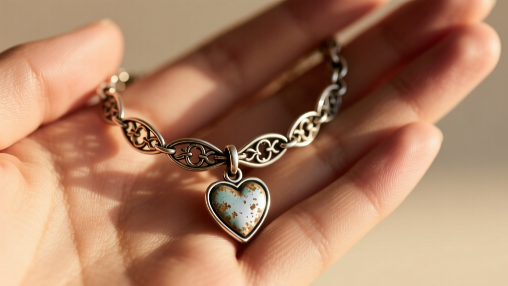 Close-up of a hand holding an oxidized sterling silver James Avery heart charm bracelet under warm, directional studio lighting.
