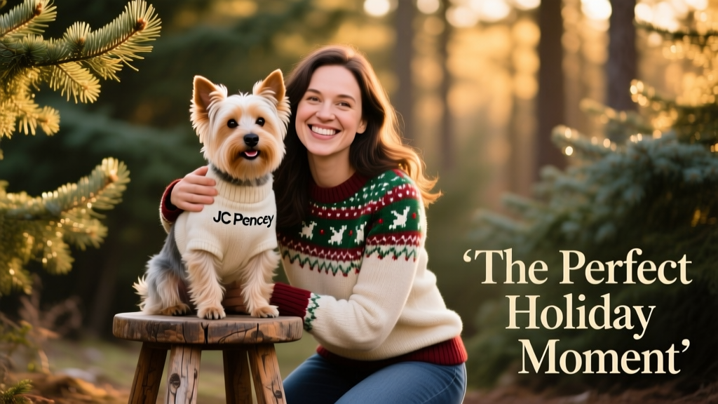 Jackie kneeling beside Ralphie on a rustic wooden stool, both smiling warmly against a softly lit evergreen backdrop