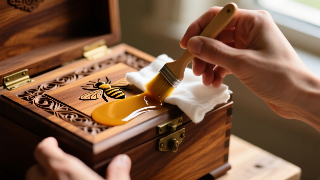 Hands applying natural beeswax polish with a soft cotton cloth to the carved wooden lid of an antique jewelry box in warm lighting.