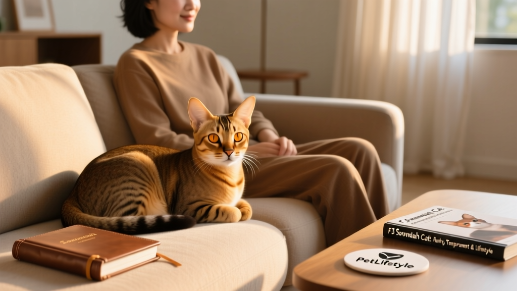 A relaxed F3 Savannah cat curled beside its owner on a cozy sofa, illustrating calm companionship and trust