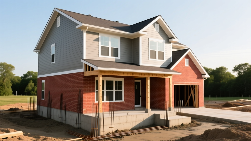 Framed two-story suburban house in Ohio with brick veneer and vinyl siding under construction on a poured concrete foundation