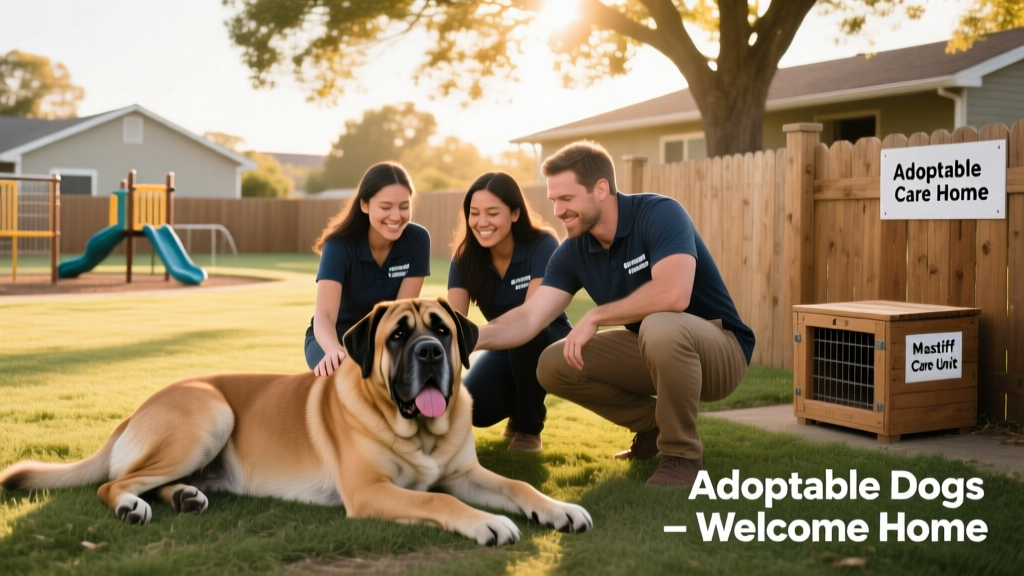 Volunteers at a clean, sunlit rescue facility gently interacting with a relaxed Mastiff in a play yard