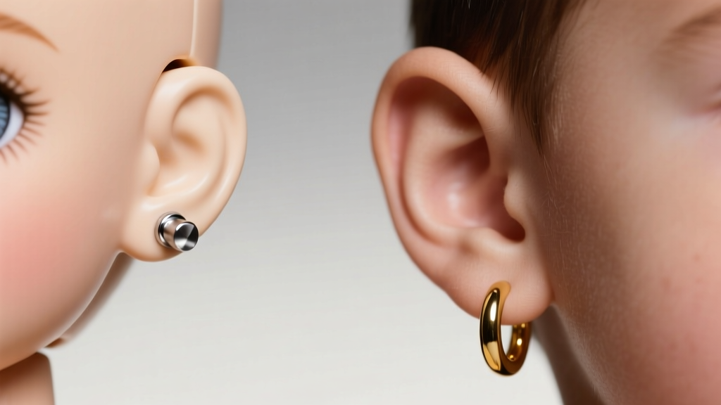 Macro photo of a doll vinyl earlobe wearing a titanium stud next to a child ear wearing a matching gold hoop, soft lighting