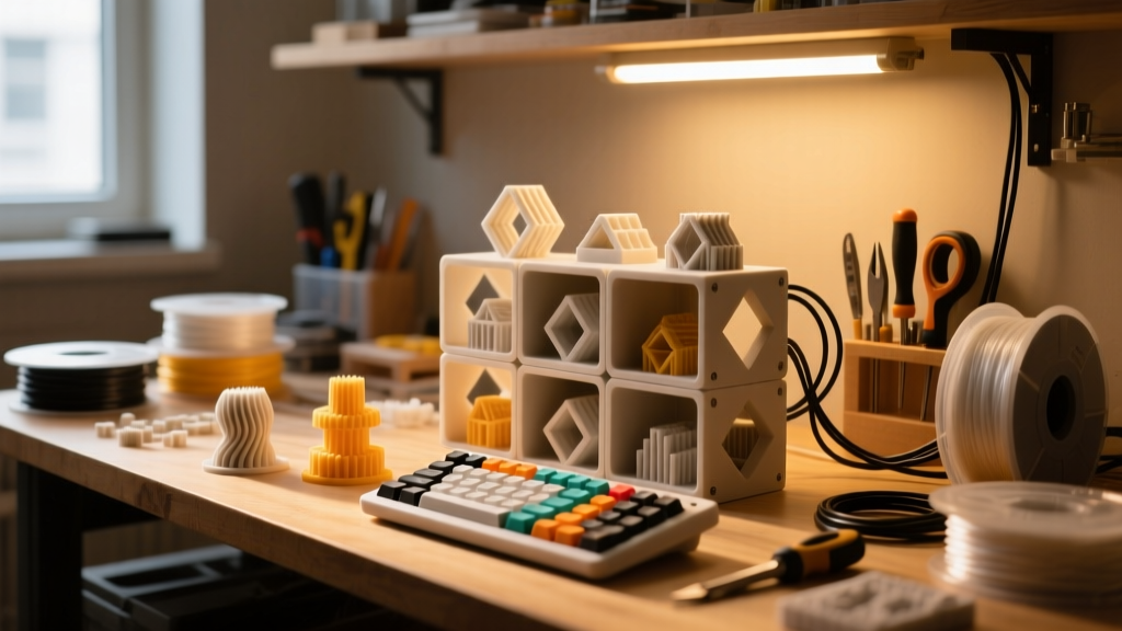 Maker workbench featuring budget 3D printed gadgets, including modular storage and a custom macro keypad under warm LED lighting.
