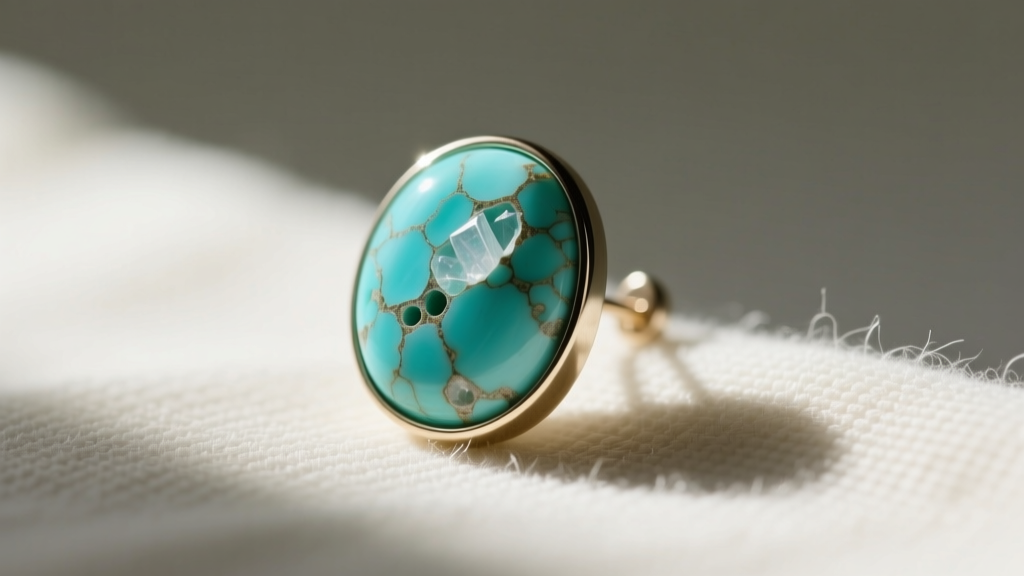 Macro photography of a porous turquoise stone set in a bezel earring, showing natural matrix veining and a soft microfiber cloth nearby.