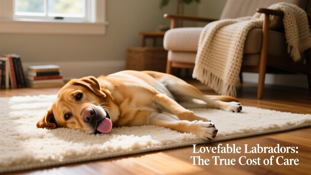 A relaxed brown Labrador Retriever lying on its back, tongue lolling, on a cozy indoor rug